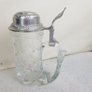 Beer Stein Vtg 1960's Hobnail Glass & Pewter Viking Made In Germany